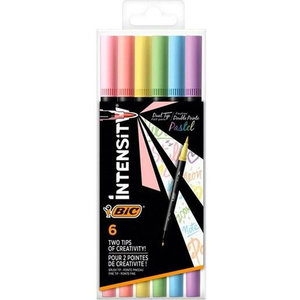 Bic Intensity Dual Tip Evidenziatore 6 Pz Punta Del Pennello Azzurro, Verde Chiaro, Rosa Chiaro, Pesca, Viola, Giallo-image