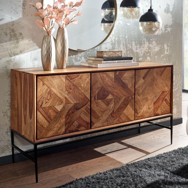 Finebuy Credenza In Legno Massello Di Sheesham 120 Cm Con 3 Ante - Comò Retrò Massiccio Con Struttura In Metallo Nero - Credenza Di Design Naturale - Artigianato Industriale-image