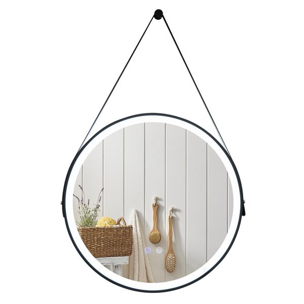 Costway φ61Cm Specchio Da Bagno Rotondo A Led Con Cinturino In Pelle, Dimmerabile, 3 Temperature Di Colore, Funzione Antiappannamento E Memoria, Specchio Da Trucco Appeso A Parete-image