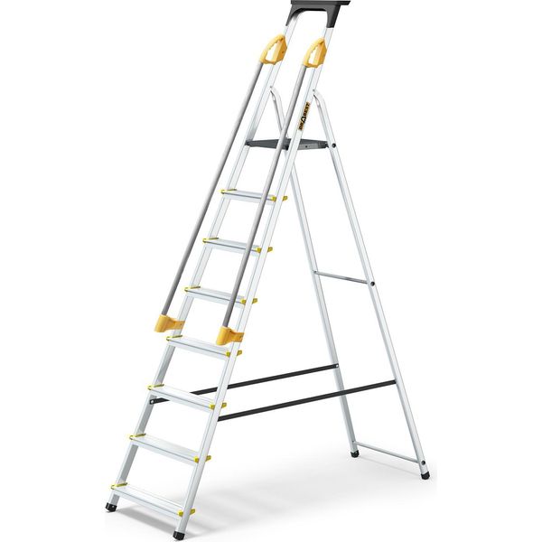 Drabest | Scala - 8 Gradini, Portata 150 Kg - Scala Con Corrimano, Scala In Alluminio, Piedini Antiscivolo, Scala A Gradini, Scala Pieghevole-image