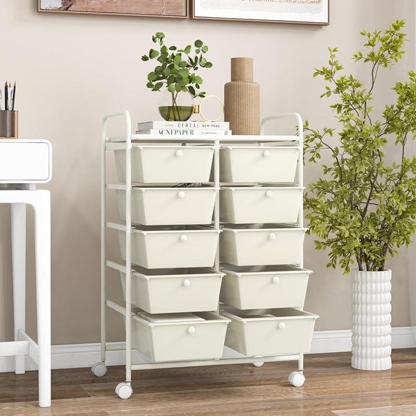 Carrello Costway Con 10 Cassetti Impilabili, Carrello A Cassetti Con Struttura In Metallo E Ripiano, Carrello Da Bagno Carrello Portaoggetti Per Ufficio, Soggiorno, 65,5 X 37 X 87 Cm-image
