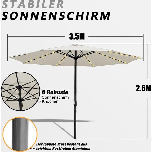 Tolletour Ombrellone Da 3,5 M Protezione Solare UV40+ Ombrellone Da Giardino Ombrellone Da Spiaggia Led Solare, Beige-image
