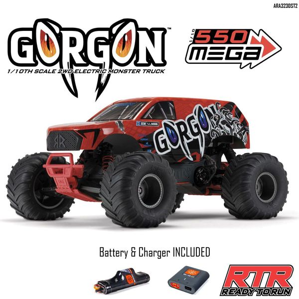 Arrma Gorgon 4X2 Mega 550 Monstertruck Rosso Rtr 1:10 Con Batteria, Caricatore-image