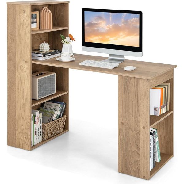 Costway Scrivania Con Libreria, Scrivania Per Computer Con 6 Ripiani, Scrivania Per Pc Con Ripiano A Destra O A Sinistra, Scrivania Per Ufficio, 122 X 56 X 122 Cm Naturale-image