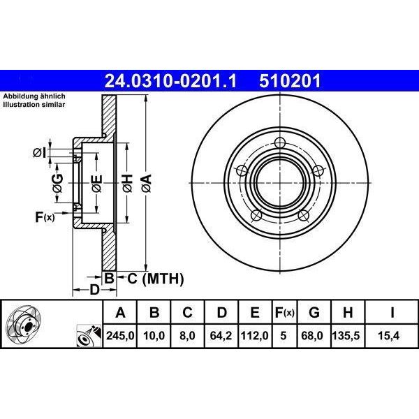 Ate 24.0310-0201.1 - Oe 4A0 615 601 A Disco Freno Per A6 (4B), A6 (4A), Superb I (3U), Passat (3B)-image