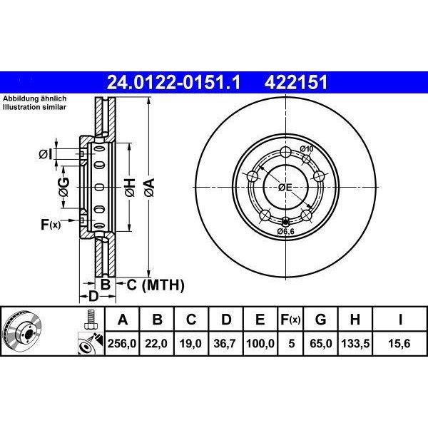 Ate 24.0122-0151.1 Disco Freno Oe 1J0615301D Compatibile Con A1 8X, A2, A3 8L, Cordoba, Ibiza, Leon, Toledo, Fabia, Octavia, Rapid, Roomster, Bora, Fox, Golf Iv, Polo 9N, Polo 6R, Polo 6V-image