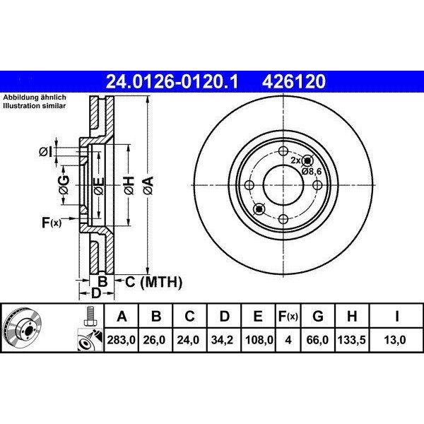 Ate 24.0126-0120.1 Disco Freno Oe 424918 Compatibile Con Berlingo, C3, C4, C4Er, C5, DS3, DS4, DS5, Xsara, Corsa F, Crossland X, Mokka, 1007, 2008, 206, 207, 208, 3008, 307, 308, 5008, Partner-image