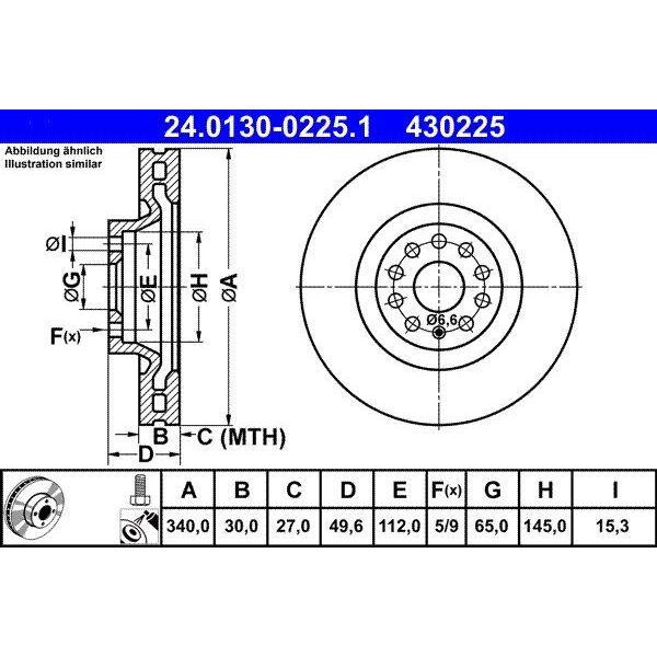 Ate 24.0130-0225.1 Disco Freno Oe 1K0615301AD Compatibile Con A3 8V, A3 8Y, Q2, Q3, Tt, Ateca, Formentor, Leon, Tarraco, Kodiaq, Octavia, Superb, Arteon, Cc, Golf Alltrack, Golf Vii, Golf Viii, Passat Alltrack, Passat 3B, Passat 3BG, Passat Cc, Tiguan-image