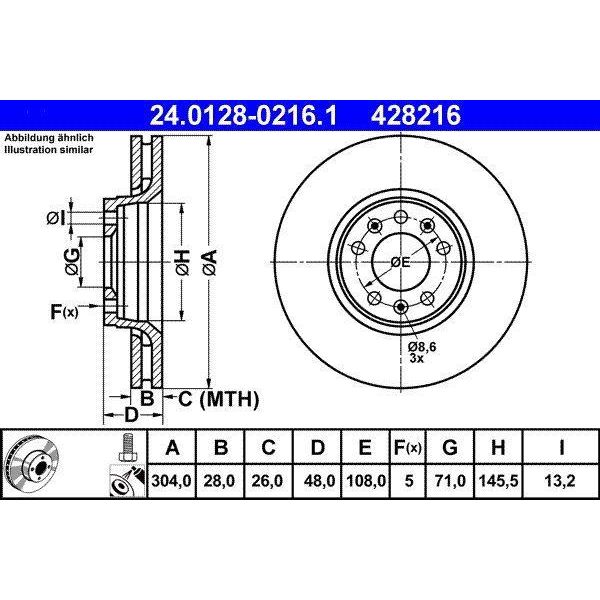 Ate 24.0128-0216.1 - Oe 4249 25 Disco Freno Per C5 Iii (Rd), C5 Iii (Rw), Jumpy (VF7), Scudo, 407, 407 Sw (6D, 6E), Expert (Vf), Expert Tepee (VF3X)-image