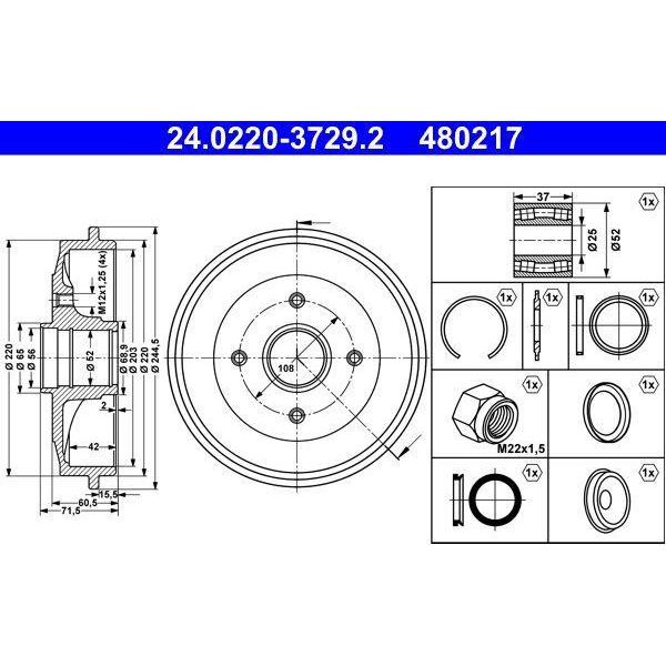 Ate 24.0220-3729.2 Tamburo Freno Oe 424746 Compatibile Con C2, C3, 1007, 206-image
