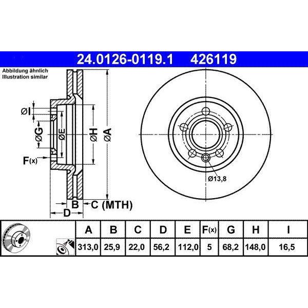 Ate 24.0126-0119.1 - Oe 1108038 Disco Freno Per T4, Galaxy (Wgr), Alhambra (7V), Sharan (7M)-image