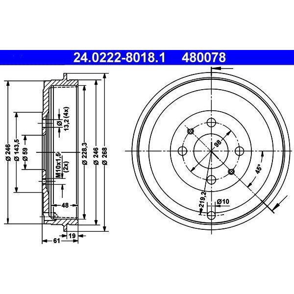 Ate 24.0222-8018.1 - Oe 7769850 Tamburo Del Freno Per Fiorino, Idea, Linea, Marea, Doblo, 145 (930), 146 (930), Multipla, Palio, Qubo, Strada, Tipo-image