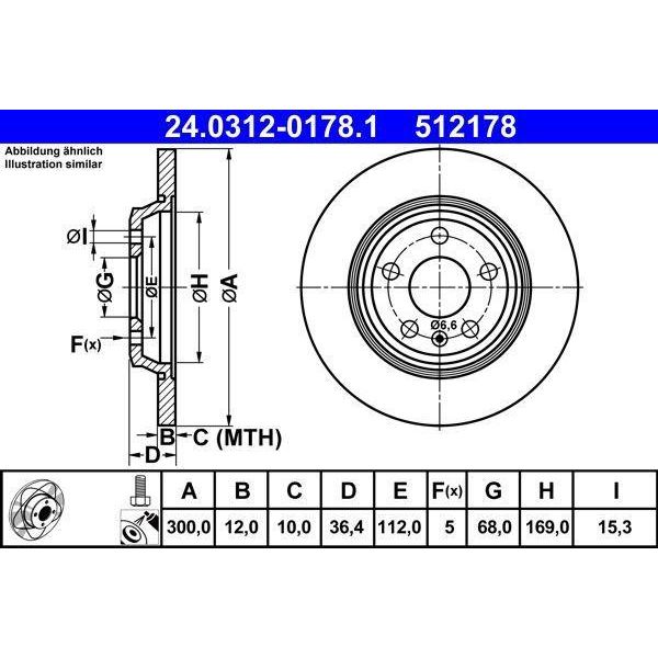 Ate 24.0312-0178.1 - Oe 8K0 615 601 B Disco Freno Per A5 (8T), A5 (8F), A4 (8K), A6 (4G), A7 (4G), Q5 (8R)-image