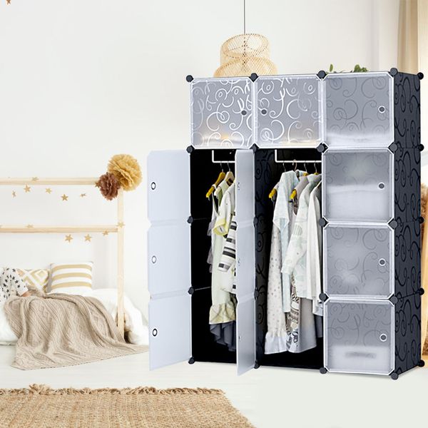 Yuenfong Armadio Sistema Di Scaffalatura Portascarpe Armadio Combinato Modulare, Sistema Di Scaffalatura Plug-In Salvaspazio, Libreria Armadio Portatile Pieghevole Con Ante (12 Cubi, Nero)-image