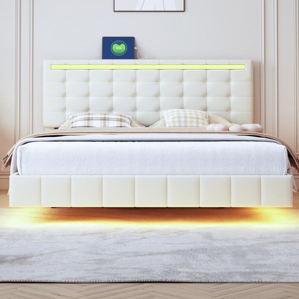 Cdglobal Letto Imbottito 160X200 Cm Con Illuminazione A Led E Presa Usb, Letto Matrimoniale Con Telaio Sospeso E Testiera Regolabile In Altezza, Letto In Legno Letto Per Ragazzi Letto Funzionale-image