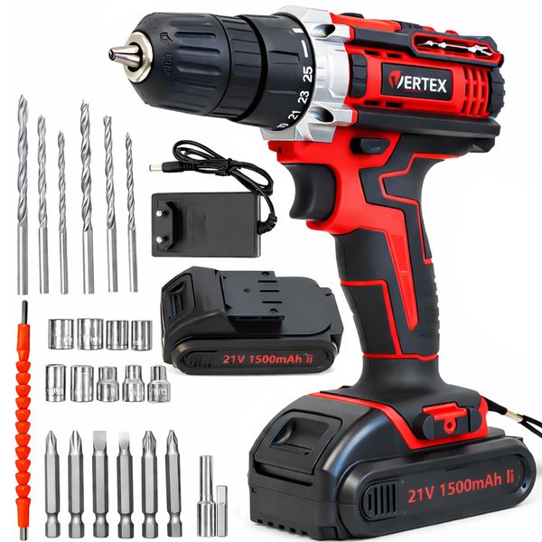 Trapano Avvitatore A Batteria 21V Vertex | Caricabatteria + 2 Batterie + Set Di Accessori Nella Valigetta: Punte, Bussole, Inserti, Adattatori, Prolunga-image