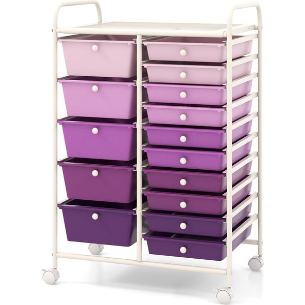 Carrello Costway Con 15 Cassetti Impilabili, Carrello Portaoggetti Con Struttura In Metallo E Ripiano, Carrello Da Bagno 63X37X87Cm Viola-image