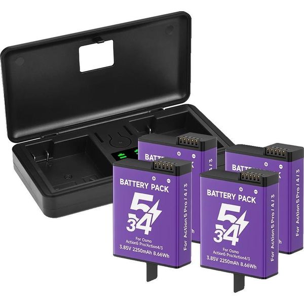 Batteria Per Fotocamera, Capacità 2250Mah, Tipo Batteria Agli Ioni Di Litio, Compatibile Con Osmo Action 5 Pro/4/3, 4 Batterie 1 Caricatore-image