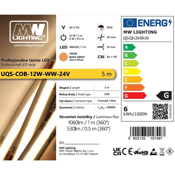 Striscia Led Cob 12W 480 Chip/M 24V Bianco Caldo 5M-image