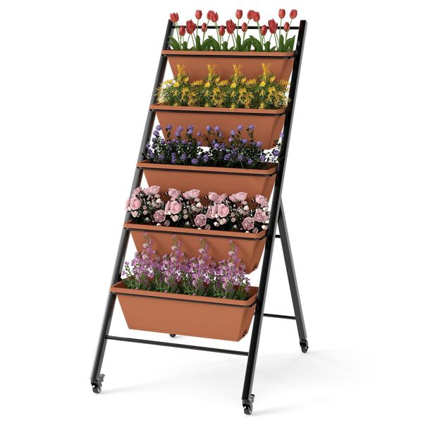 Costway Letto Verticale Rialzato A 5 Livelli, Letto Verticale Con Rotelle E Cassette Per Piante, Letto Per Fiori, Fioriera A Gradini, Letto Per Verdure E Erbe, 57X74X132Cm-image