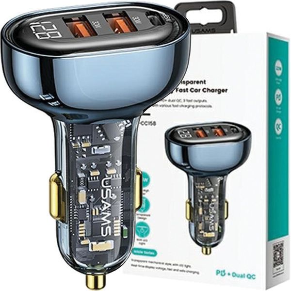 Usams ŁAd. Sam. 2Xusb+1Xusb-C 125Wfast Charge Blu Trasparente Cc158Cc02 (Us-Cc158)-image