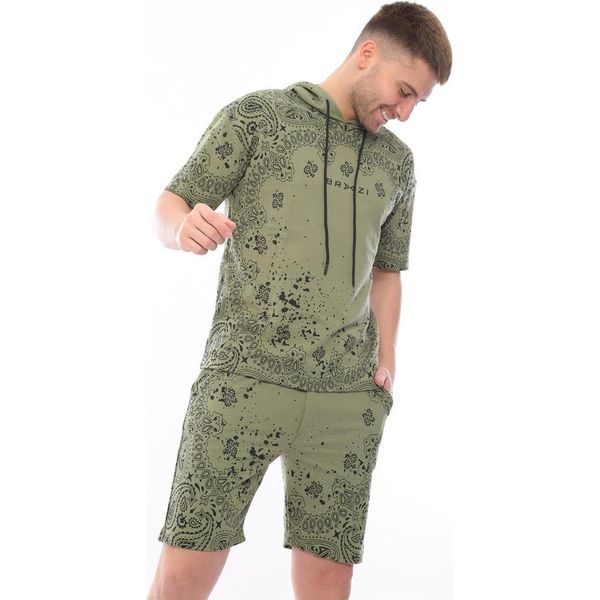 Tuta Da Jogging Da Uomo Con Pantaloncini Tuta Sportiva Con Cappuccio, Kaki/S-image