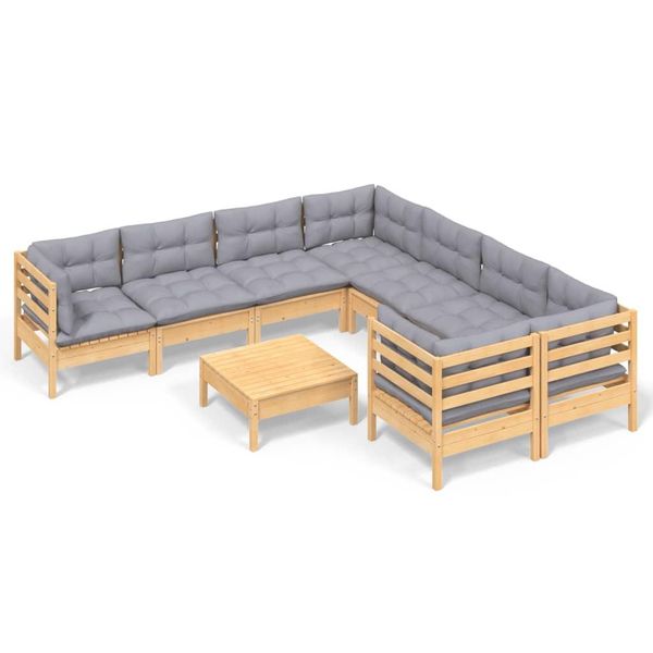 Syfax™ Set Divani Da Giardino 9 Pz Con Cuscini Grigi Massello Di Pino-image