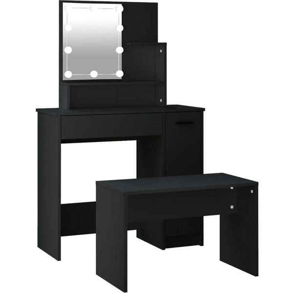 Syfax™ Set Tavolo Da Toeletta Con Led Nero In Legno Multistrato-image
