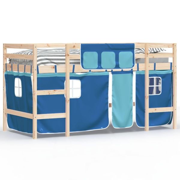 Syfax™ Letto A Soppalco Con Tende Bambini Blu 80X200 Cm Massello Pino-image