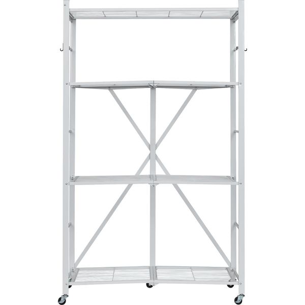 Succebuy Scaffale Pieghevole A 4 Livelli Con Rotelle, 53X91X152 Cm, Robusto Scaffale Pieghevole Senza Montaggio, Versatile Scaffale In Piedi Per Casa, Cucina, Garage E Cantina, Bianco-image