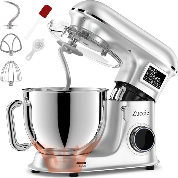 Zuccie Robot Da Cucina 1500W 8L Impastatrice 6 Velocità Funzione Fermentazione+Lcd Impastatrice Con Frusta, Gancio Per Pasta, Sbattitore (Argento)-image