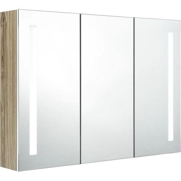 Syfax™ Armadietto Bagno Con Specchio E Led 89X14X62 Cm Bianco E Rovere-image