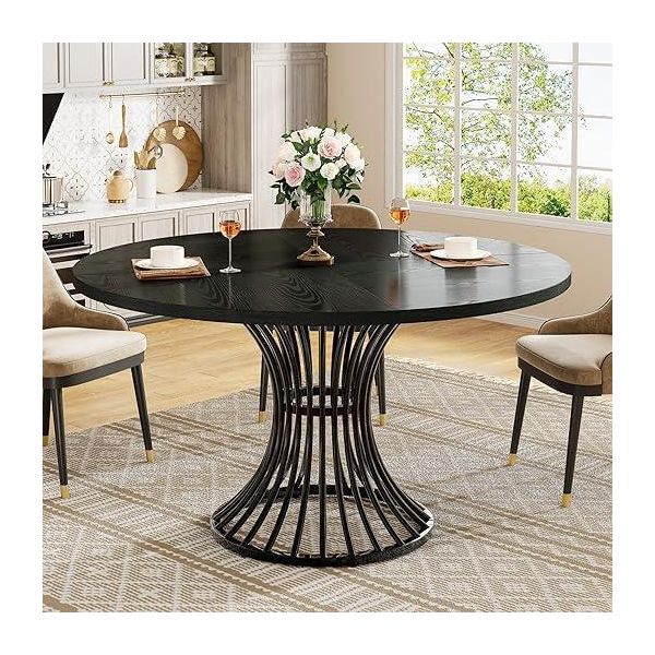 Tribesigns Tavolo Da Pranzo Rotondo, Per 4-6 Persone, 120 Cm Tavolo Da Cucina Rotondo Per Sala Da Pranzo, Tavolo Da Pranzo Industriale Con Base In Metallo, Nero-image