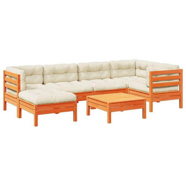 Syfax™ Set Divani Giardino 7 Pz Con Cuscini Marrone Cera Massello Pino-image