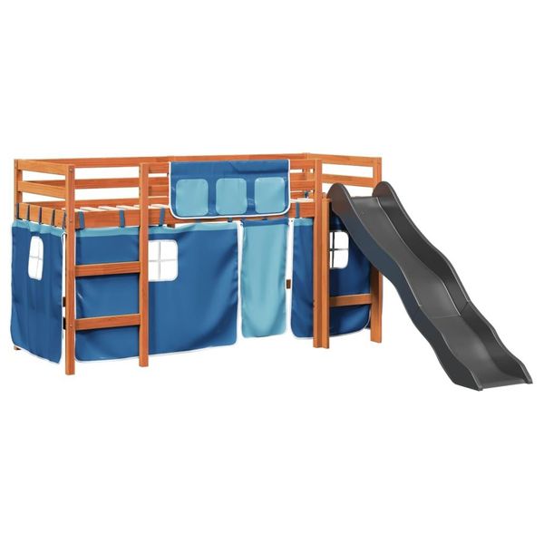 Syfax™ Letto A Soppalco Con Tende Bambini Blu 80X200 Cm Massello Pino-image