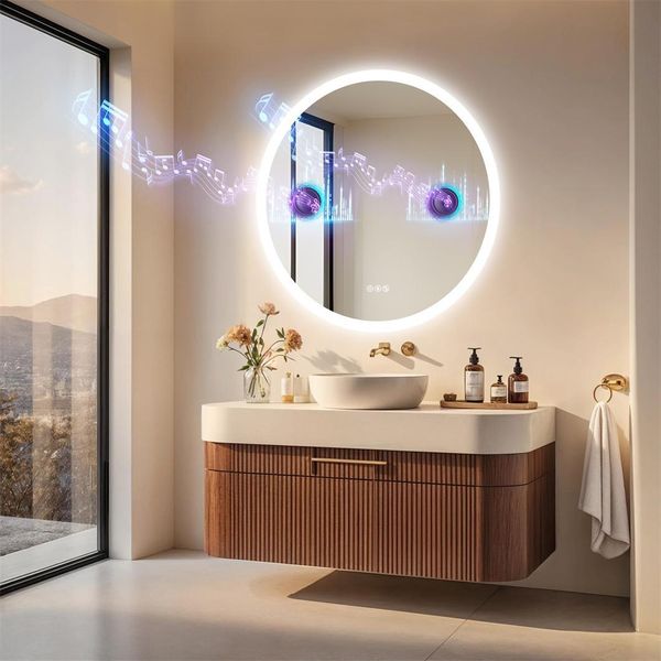 Wisfor Specchio Da Bagno A Led Con Altoparlante Bluetooth, Specchio Da Bagno 80×80 Cm Con Illuminazione A 3 Colori, Specchio Da Parete A Led Dimmerabile E Antiappannamento, Tocca-image