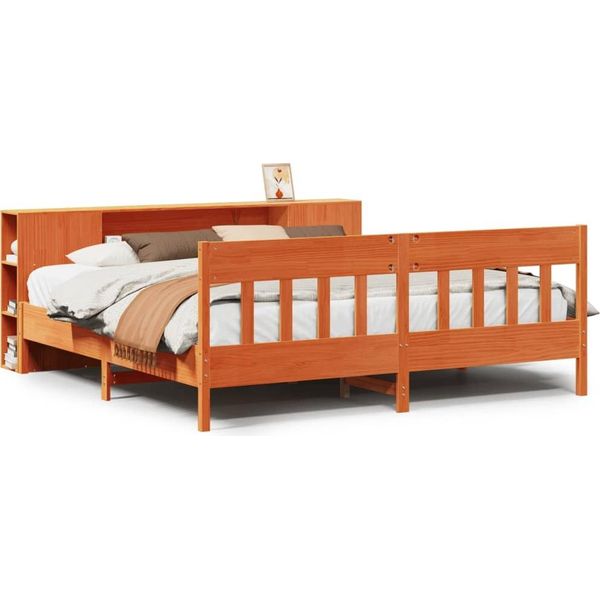 Syfax™ Letto Libreria Senza Materasso Marrone Cera 200X200 Cm In Pino-image
