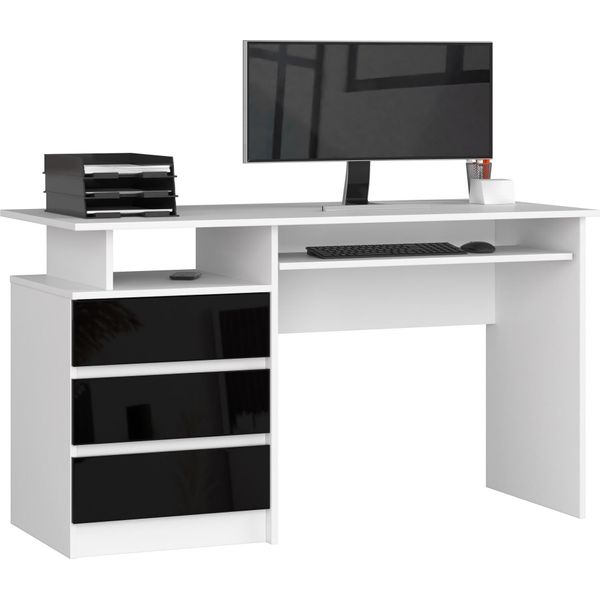 Scrivania Moderna 135 Cm Bianca E Nera Lucida Con Tre Cassetti E Ripiano Tastiera Estraibile-image