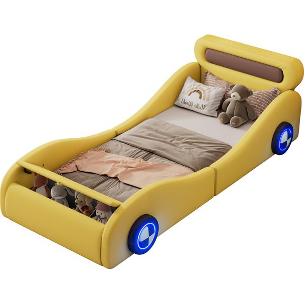 Letto Imbottito, Letto Singolo 90X200Cm, Letto Per Bambini, Letto Per Ragazzi, Letto Imbottito Con Ruote Luminose E Contenitore, Pu, Senza Materasso, Giallo-image