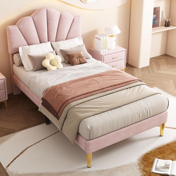 Letto Imbottito In Velluto, 90 X 200 Cm, Letto A Conchiglia Con Gambe In Ferro Dorato, Testata Regolabile In Altezza, Rete A Doghe In Legno, Rosa-image