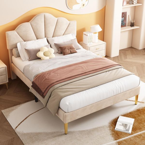 Letto Imbottito, 140 X 190 Cm, Letto Matrimoniale, Letto A Conchiglia Con Gambe In Ferro Dorato, Rete A Doghe In Legno, Beige-image