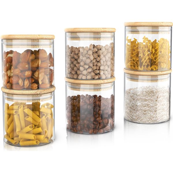 Arendo Barattoli Per La Conservazione, Set Di Barattoli In Vetro 6X 0,75 Litri In Vetro Borosilicato Con Coperchio In Bambù, Ermetici, Set Di 6, Resistenti Al Calore, Ecologici, Durevoli, Adatti Al Microonde-image