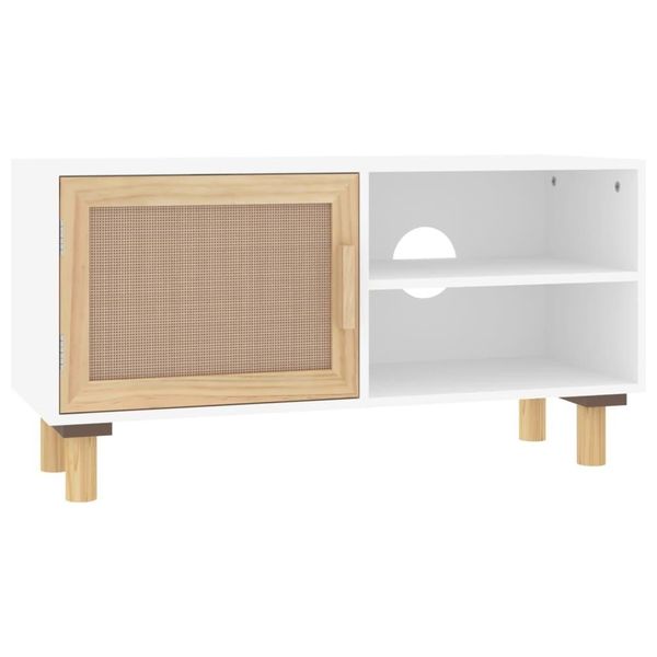 Syfax™ Mobile Tv Bianco 80X30X40 Cm Massello Pino E Rattan Naturale-image