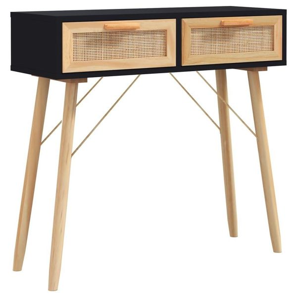 Syfax™ Tavolo Consolle Nero 80X30X75Cm Massello Pino E Rattan Naturale-image