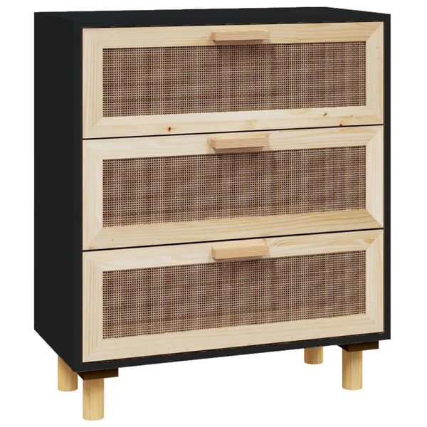Syfax™ Credenza Nera 60X30X70 Cm Legno Massello Pino E Rattan Naturale-image