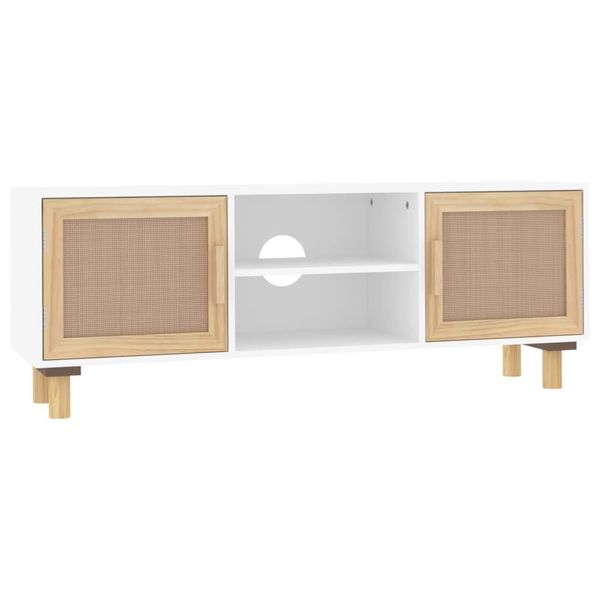 Syfax™ Mobile Tv Bianco 105X30X40 Cm Massello Pino E Rattan Naturale-image