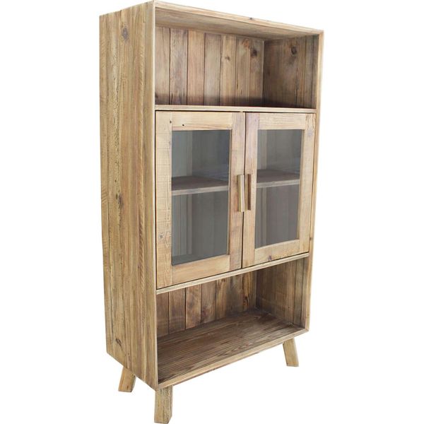 Milanihome.It - Credenza Con Vetrina Di Design Moderno In Legno Di Pino Riciclato Massiccio Stile Moderno Vintagedi Coloremarrone-image