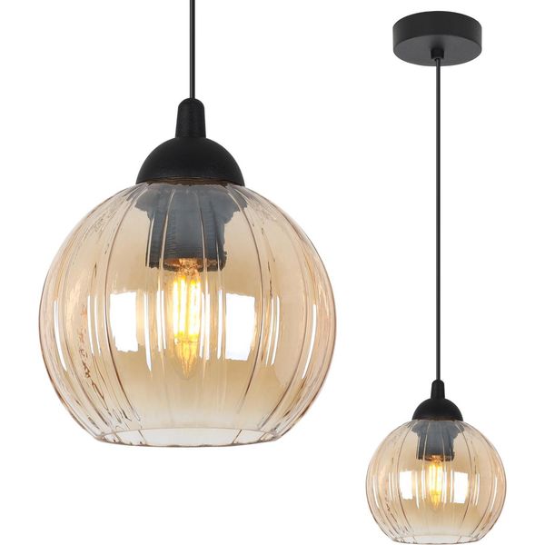 Costa Lampada A Sospensione Nera – Lampada A Sfera In Vetro Color Miele A 1 Luce E27-image
