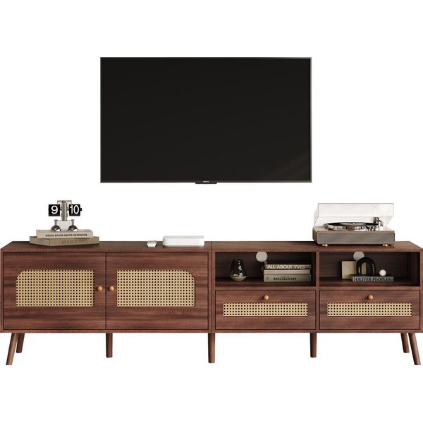 Mobile Tv Sweiko 200X37X49,5 Cm Per Tv Da 80 Pollici Con 2 Ante In Rattan, 2 Cassetti, Pannello Basso Con 8 Piedini, Centro Di Controllo Moderno Per L'intrattenimento In Marrone-image