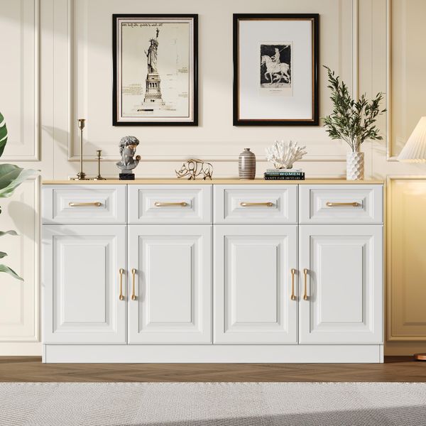 Sweiko 140 Cm Credenza-Buffet Con Spazio Contenitivo, Mobile Bar Con 4 Cassetti E 4 Ante A Libro, Lungo Mobile Contenitore In Moderno Stile Rustico, Legno Bianco, Per Cucina, Sala Da Pranzo, Soggiorno-image